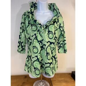 Gretchen Scott Sz M Plentiful Paisley Ruffle Collar Blouse  Green Navy 3/4 Sleev